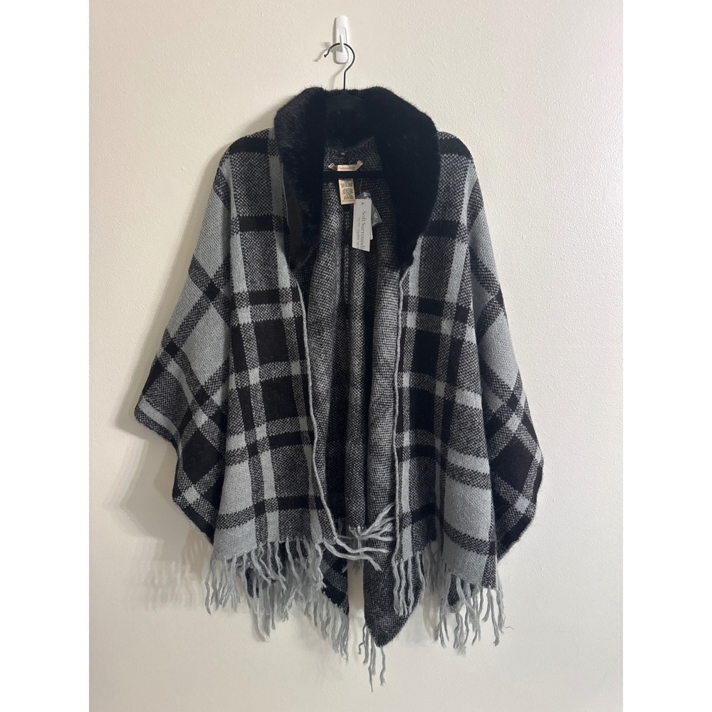 Soft Surroundings Plaid Poncho Faux Fur Collar Blackโ Grey Wool Alpaca NEW